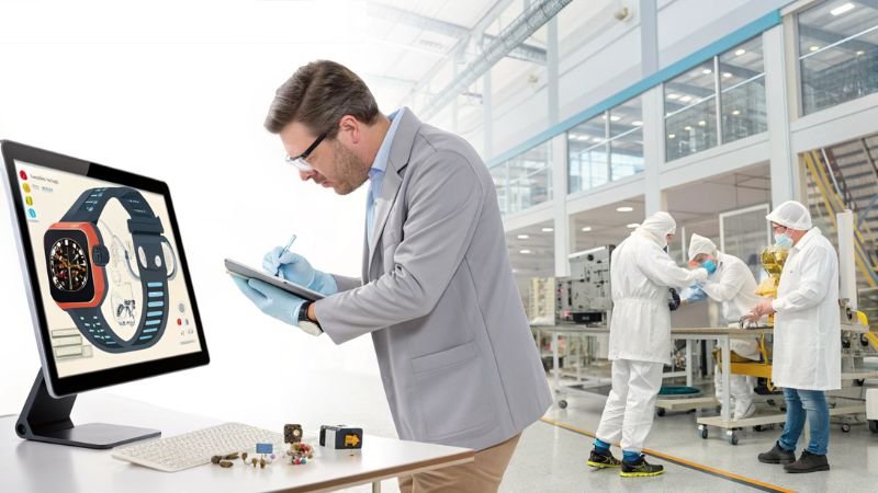 Engineer designing smartwatch while workers assemble products in factory