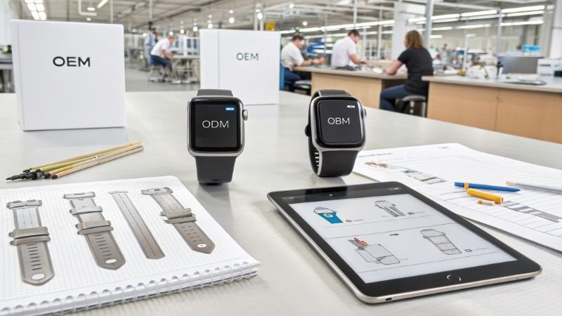 Smartwatches labeled ODM and OBM with design sketches and factory setting