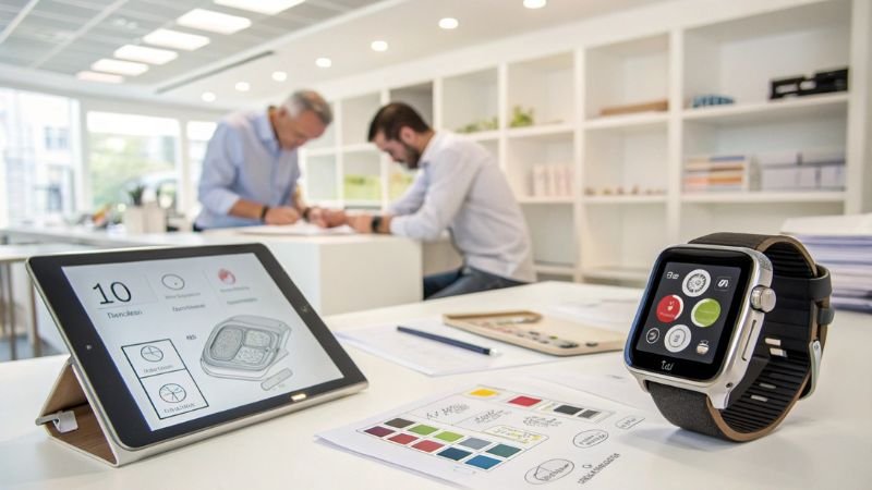 Smartwatch prototype with design sketches and tablet in modern workspace