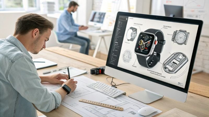 Engineer working on smartwatch design plans at modern workstation