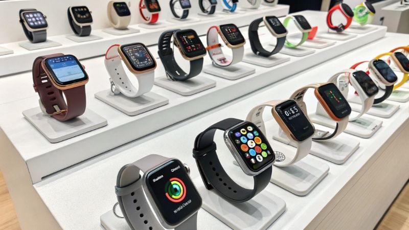 Variety of smartwatches displayed on a showroom table