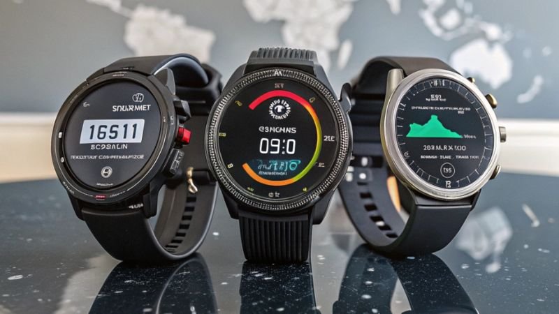 Three modern smartwatches with fitness and health tracking displays