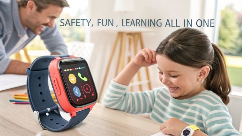 Child smiling while using a smartwatch designed for safety, fun, and learning