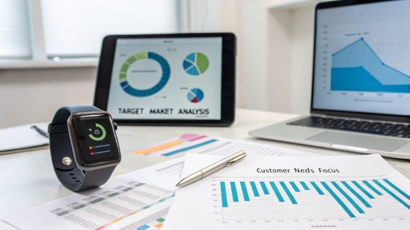 Smartwatch with target market analysis and customer needs focus charts