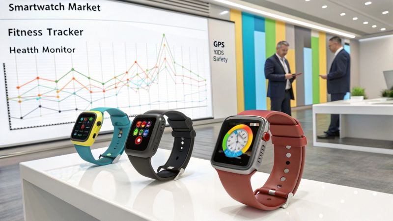 Smartwatches on display with market trends and executives discussing in background