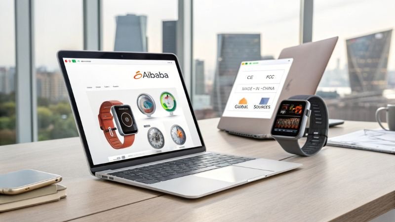 Smartwatch displayed alongside laptops showing online marketplace and certifications