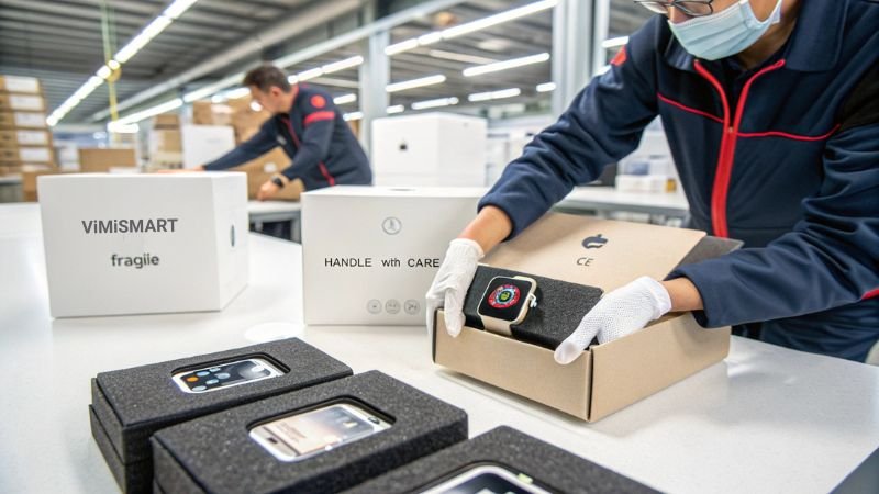 Worker carefully packing smartwatches into boxes for shipment