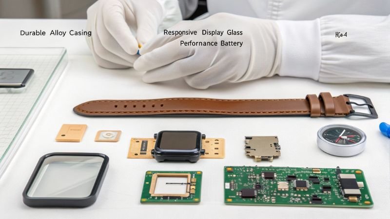 Smartwatch components neatly arranged for assembly and inspection