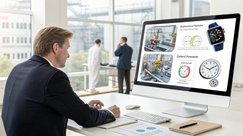 Professional analyzing smartwatch performance data on computer screen