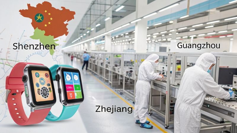 Smartwatches with manufacturing locations highlighted: Shenzhen, Guangzhou, Zhejiang