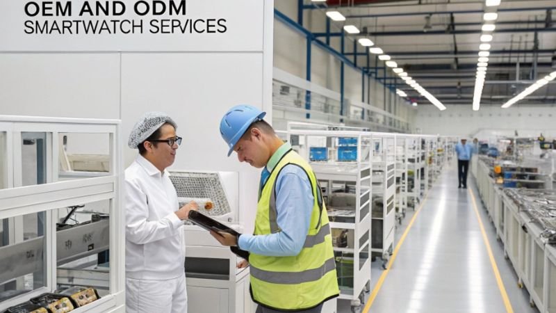 Factory workers discussing smartwatch production in clean facility