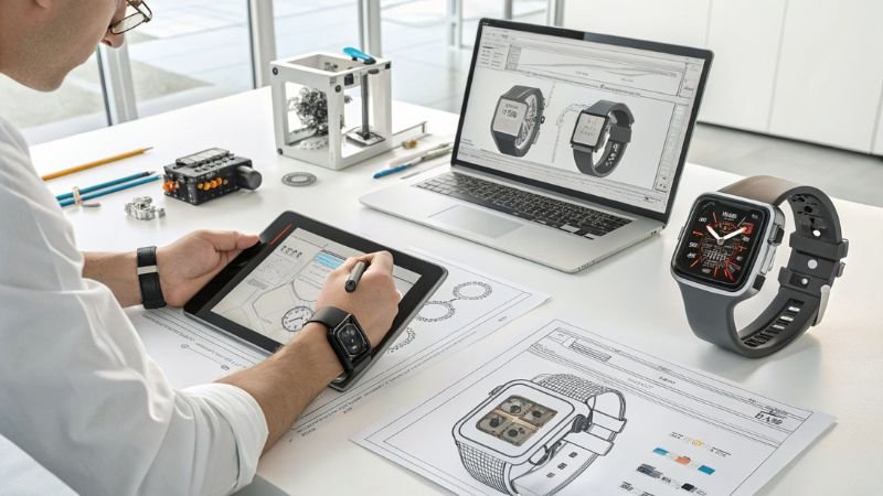Designer creating smartwatch prototypes using tablet and laptop