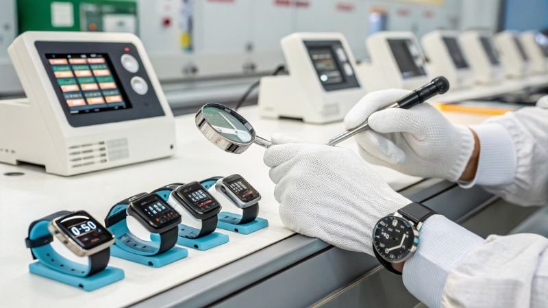 Technician inspecting smartwatches with magnifying glass in testing lab