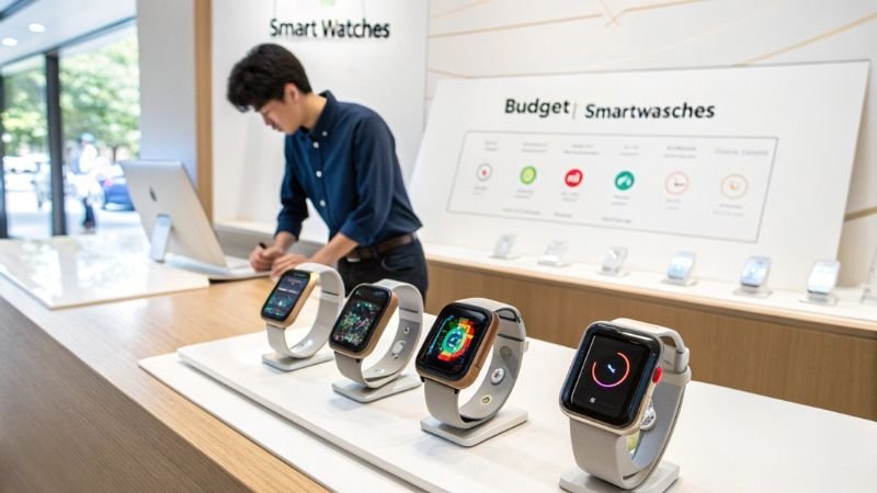 Smartwatches displayed in a store with staff assisting customers
