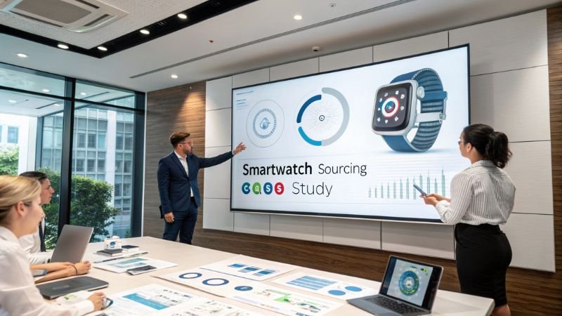 Team presenting smartwatch sourcing case study in a meeting room