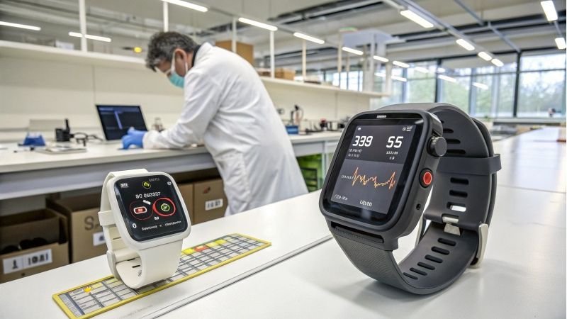 Smartwatches on display with technician working in the background