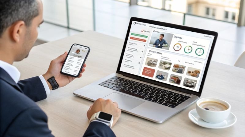 Businessman using smartwatch synced with laptop and smartphone
