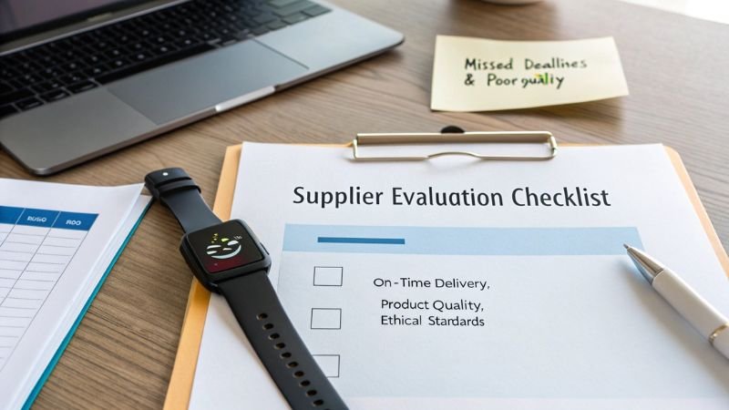Smartwatch with supplier evaluation checklist focusing on delivery and quality