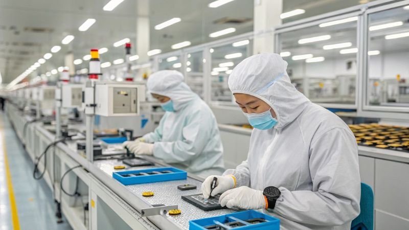 Technicians assembling electronic components in a cleanroom factory