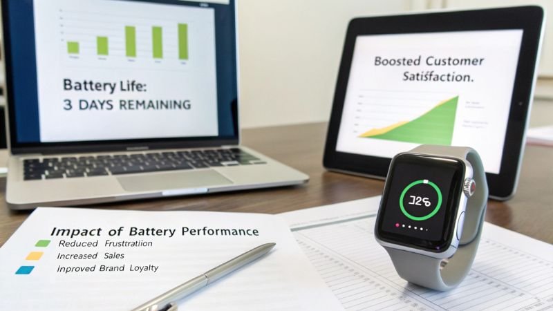 Smartwatch battery impact on performance, showing charts and reports on improved satisfaction.