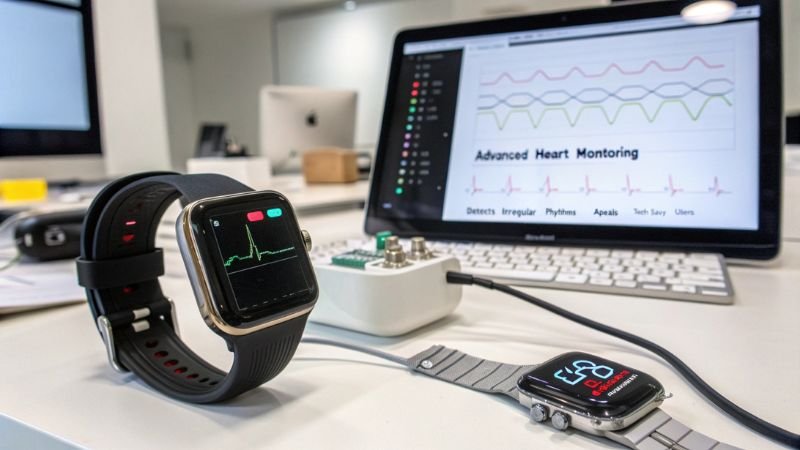 Smartwatch displaying advanced heart monitoring features, detecting irregular rhythms and heart health insights