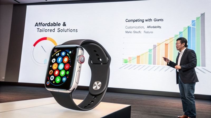 Smartwatch highlighting affordable and tailored solutions, competing with giants through customization and market-specific features.