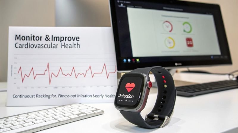 Smartwatch showcasing cardiovascular health monitoring and improvement insights.