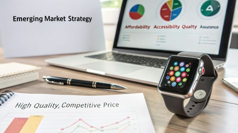 Smartwatch highlighting an emerging market strategy with high quality and competitive pricing.
