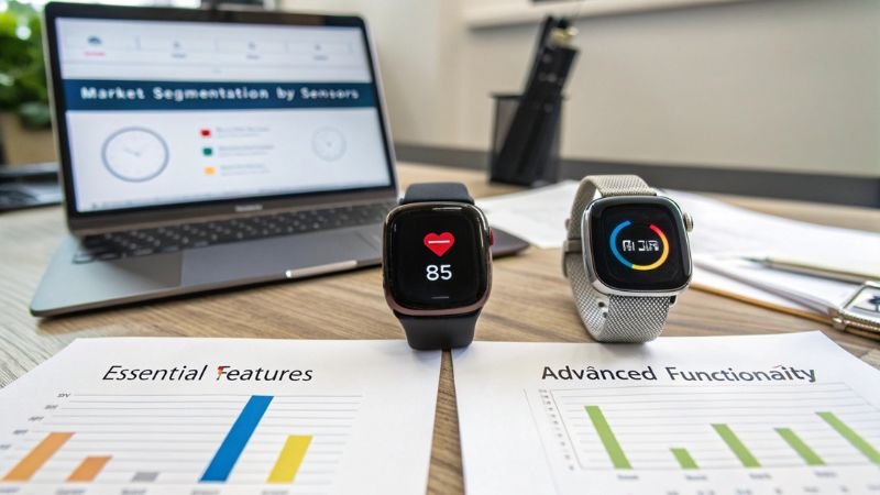 Two smartwatches showcasing heart rate and advanced features, charts displayed on table and laptop in background.