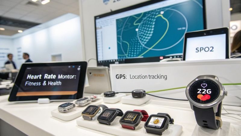 Smartwatch display with heart rate monitoring and GPS location tracking features.