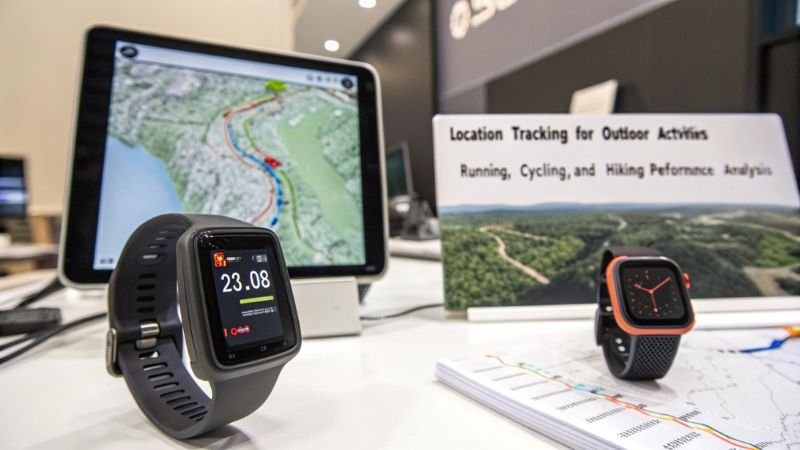 Smartwatches with location tracking displayed, showcasing GPS functionality for outdoor activities like running, cycling, and hiking.
