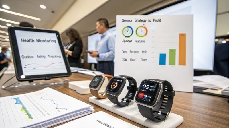 Smartwatches displayed with health monitoring and outdoor activity tracking features.