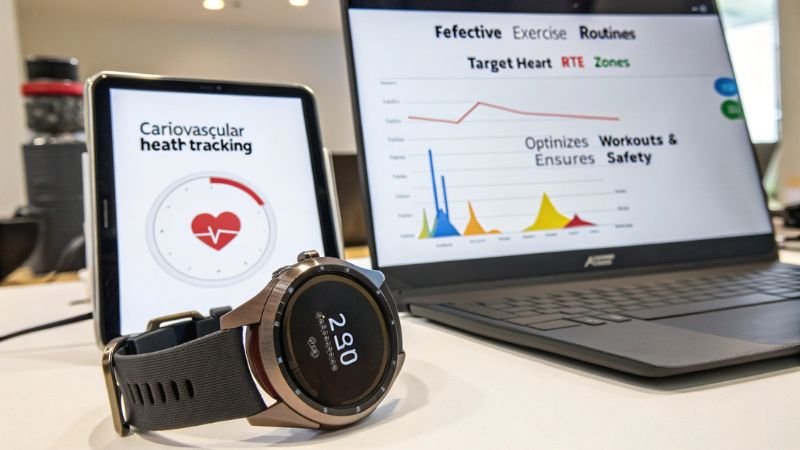 Smartwatch with cardiovascular health tracking and exercise optimization charts.