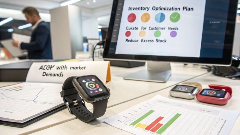 Smartwatch inventory optimization plan, features graphs and charts displayed on screen