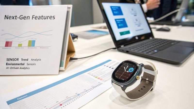 Smartwatch showcasing next-gen features, charts and analytics displayed on table with laptop in the background