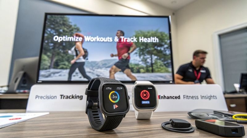 Smartwatches with health and fitness tracking features, background showing active runners.
