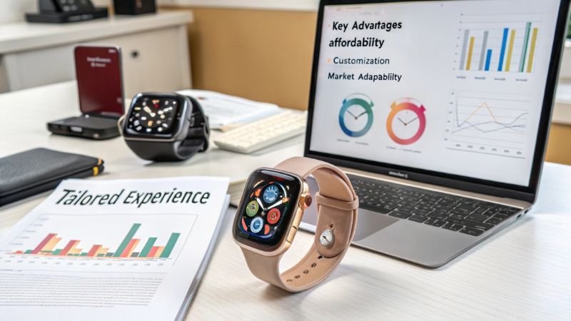 Smartwatch showcasing key advantages like affordability, customization, and market adaptability for a tailored experience.