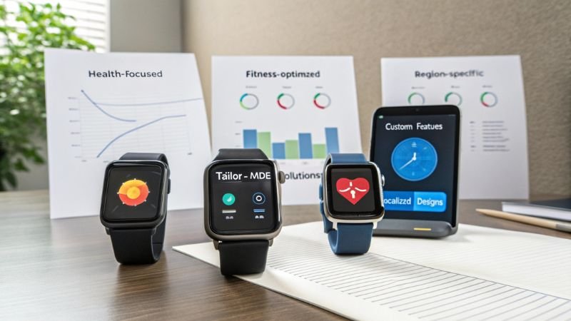 Smartwatches showcasing health-focused, fitness-optimized, and region-specific features with custom designs.