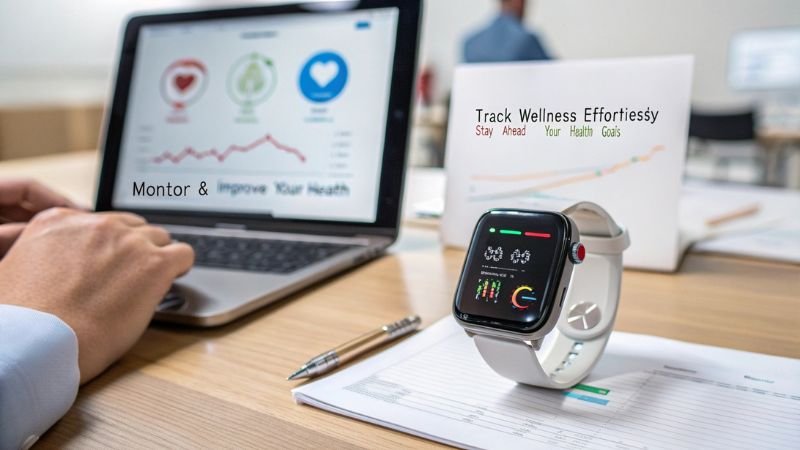 Smartwatch with wellness tracking features, charts displayed on laptop in background.