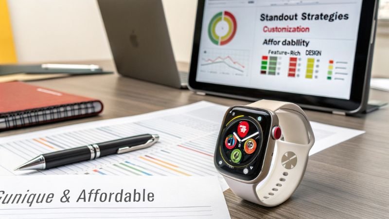 Smartwatch emphasizing customization and affordability with standout strategies.