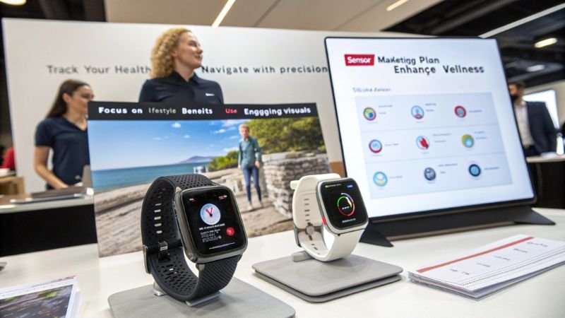 Two smartwatches displayed with marketing plan and health tracking visuals.